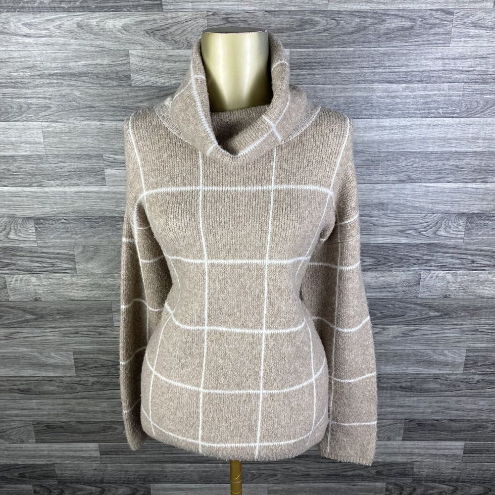 MADEWELL Cowl Neck Wool Knit Beige Windowpane Pullover Sweater Women's Size S
